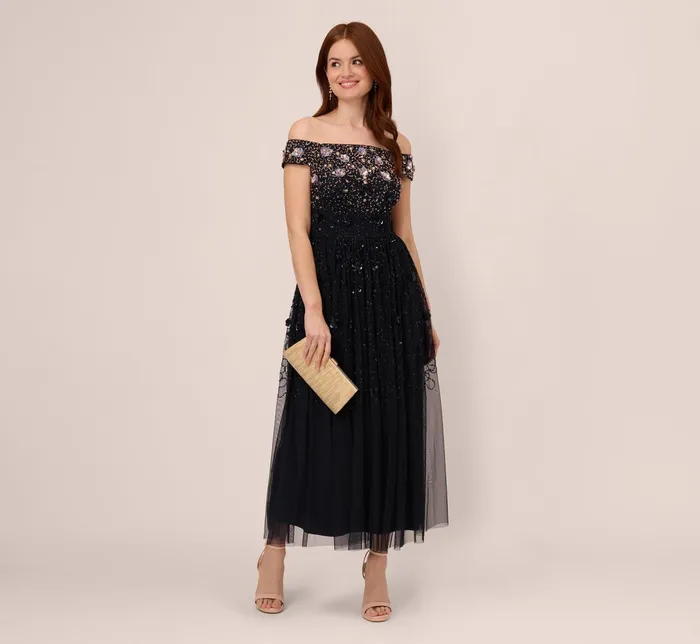 Adrianna Papell Off The Shoulder AnkleLength Beaded Dress With Sequin Rosettes In Navy Rosegold NavyRosegold Women Long Dresses Adrianna Papell Off The Shoulder AnkleLength Beaded Dress With Sequin Rosettes In Navy Rosegold NavyRosegold Women Long Dresses