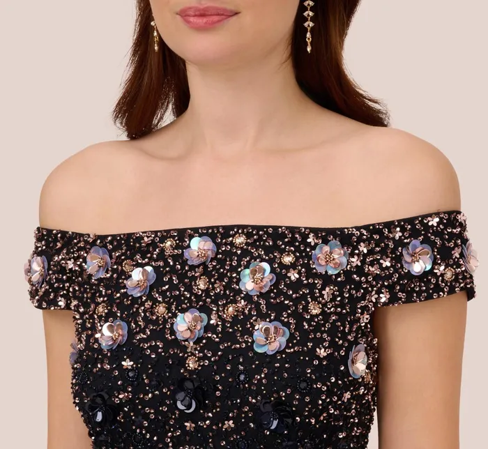 Adrianna Papell Off The Shoulder AnkleLength Beaded Dress With Sequin Rosettes In Navy Rosegold NavyRosegold Women Long Dresses Adrianna Papell Off The Shoulder AnkleLength Beaded Dress With Sequin Rosettes In Navy Rosegold NavyRosegold Women Long Dresses