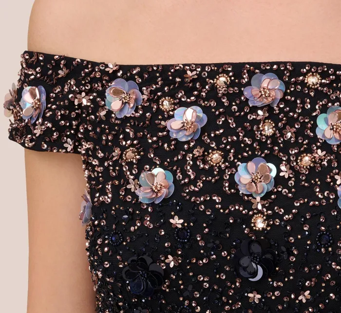 Adrianna Papell Off The Shoulder AnkleLength Beaded Dress With Sequin Rosettes In Navy Rosegold NavyRosegold Women Long Dresses Adrianna Papell Off The Shoulder AnkleLength Beaded Dress With Sequin Rosettes In Navy Rosegold NavyRosegold Women Long Dresses
