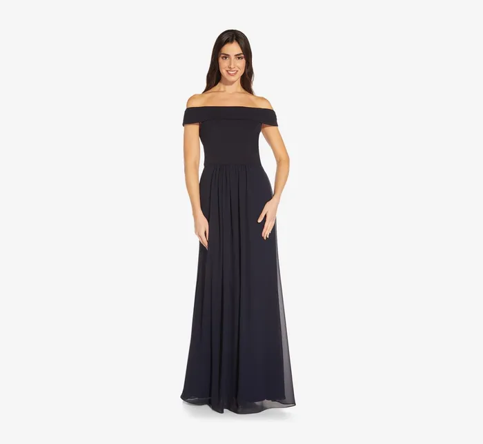 Adrianna Papell Off The Shoulder Crepe Chiffon Gown With Soft Skirt In Midnight Midnight Women Long Dresses Adrianna Papell Off The Shoulder Crepe Chiffon Gown With Soft Skirt In Midnight Midnight Women Long Dresses