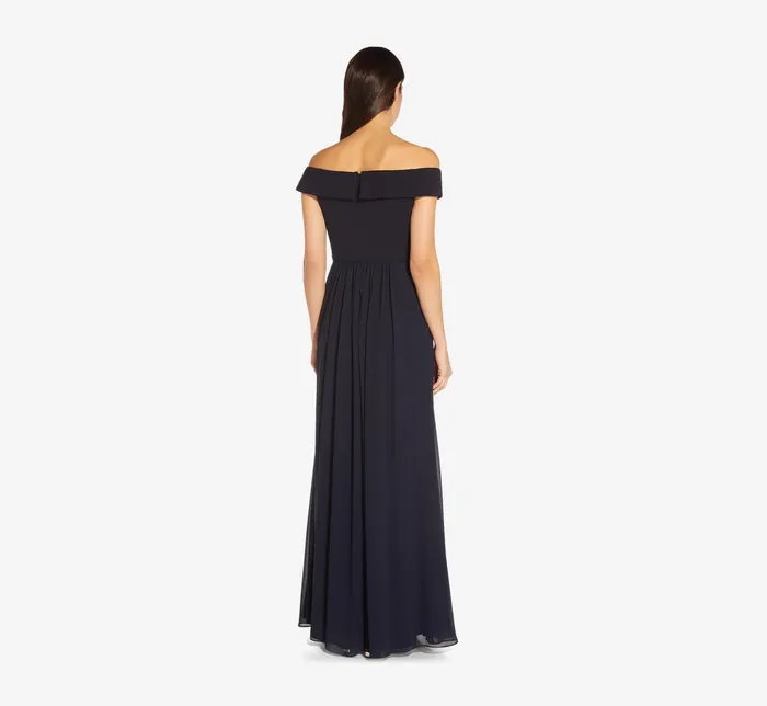 Adrianna Papell Off The Shoulder Crepe Chiffon Gown With Soft Skirt In Midnight Midnight Women Long Dresses Adrianna Papell Off The Shoulder Crepe Chiffon Gown With Soft Skirt In Midnight Midnight Women Long Dresses