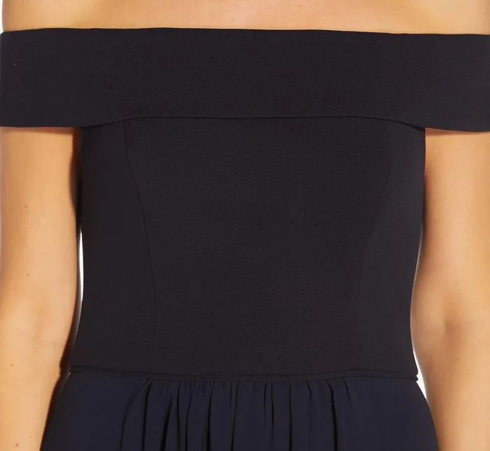 Adrianna Papell Off The Shoulder Crepe Chiffon Gown With Soft Skirt In Midnight Midnight Women Long Dresses Adrianna Papell Off The Shoulder Crepe Chiffon Gown With Soft Skirt In Midnight Midnight Women Long Dresses