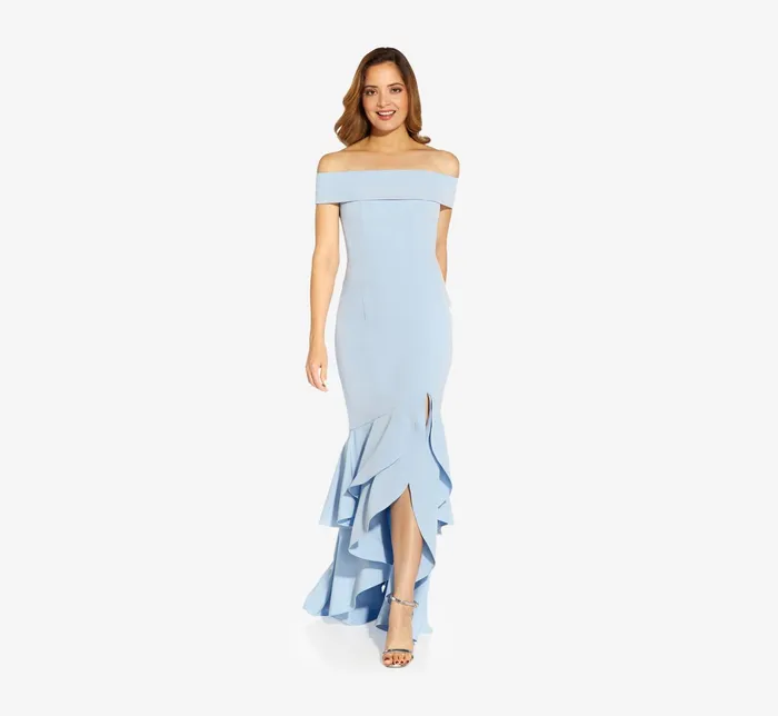 Adrianna Papell OffTheShoulder Crepe HighLow Gown With Ruffle In Elegant Sky Elegant Sky Women Long Dresses Adrianna Papell OffTheShoulder Crepe HighLow Gown With Ruffle In Elegant Sky Elegant Sky Women Long Dresses
