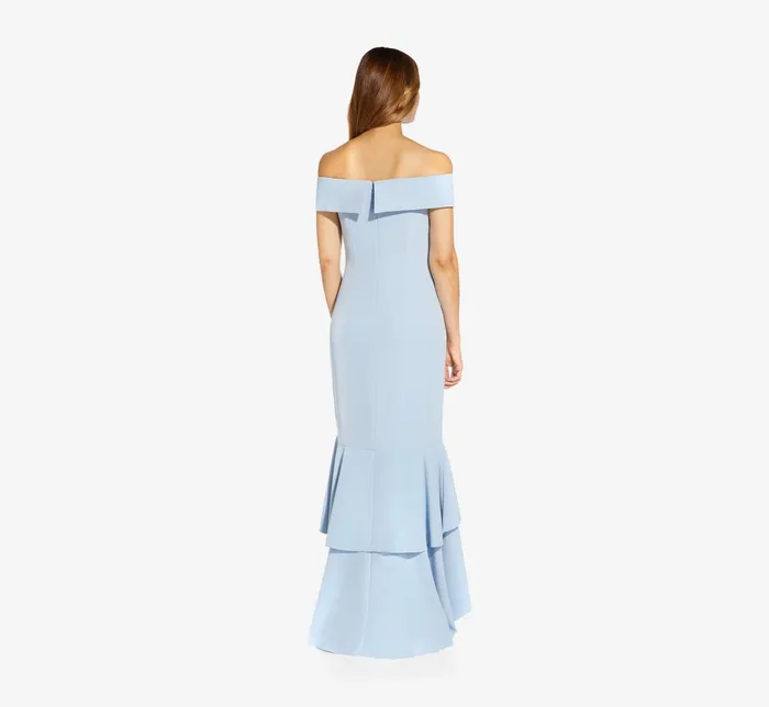 Adrianna Papell OffTheShoulder Crepe HighLow Gown With Ruffle In Elegant Sky Elegant Sky Women Long Dresses Adrianna Papell OffTheShoulder Crepe HighLow Gown With Ruffle In Elegant Sky Elegant Sky Women Long Dresses
