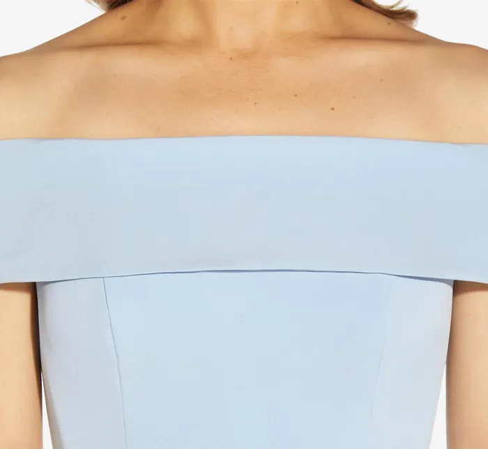 Adrianna Papell OffTheShoulder Crepe HighLow Gown With Ruffle In Elegant Sky Elegant Sky Women Long Dresses Adrianna Papell OffTheShoulder Crepe HighLow Gown With Ruffle In Elegant Sky Elegant Sky Women Long Dresses