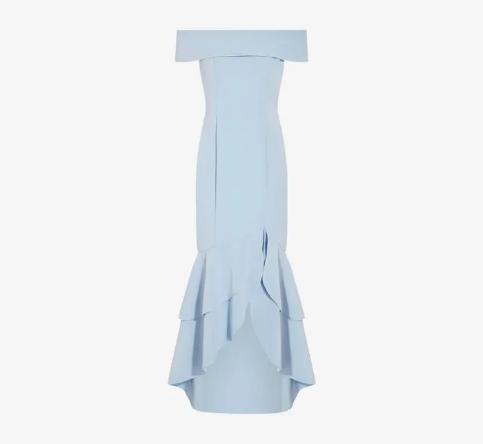 Adrianna Papell OffTheShoulder Crepe HighLow Gown With Ruffle In Elegant Sky Elegant Sky Women Long Dresses Adrianna Papell OffTheShoulder Crepe HighLow Gown With Ruffle In Elegant Sky Elegant Sky Women Long Dresses