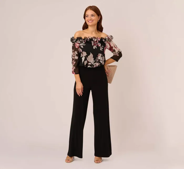 Adrianna Papell Off The Shoulder Jumpsuit With Floral Embroidered Bodice In Black Multi Black Multi Women Floral Dresses Adrianna Papell Off The Shoulder Jumpsuit With Floral Embroidered Bodice In Black Multi Black Multi Women Floral Dresses