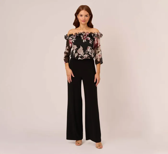 Adrianna Papell Off The Shoulder Jumpsuit With Floral Embroidered Bodice In Black Multi Black Multi Women Floral Dresses Adrianna Papell Off The Shoulder Jumpsuit With Floral Embroidered Bodice In Black Multi Black Multi Women Floral Dresses
