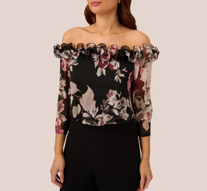 Adrianna Papell Off The Shoulder Jumpsuit With Floral Embroidered Bodice In Black Multi Black Multi Women Floral Dresses Adrianna Papell Off The Shoulder Jumpsuit With Floral Embroidered Bodice In Black Multi Black Multi Women Floral Dresses