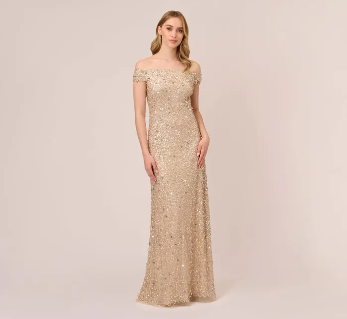 Adrianna Papell Off The Shoulder Sequin Beaded Gown In Champagne Champagne Women Long Dresses Adrianna Papell Off The Shoulder Sequin Beaded Gown In Champagne Champagne Women Long Dresses