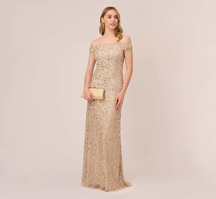 Adrianna Papell Off The Shoulder Sequin Beaded Gown In Champagne Champagne Women Long Dresses Adrianna Papell Off The Shoulder Sequin Beaded Gown In Champagne Champagne Women Long Dresses