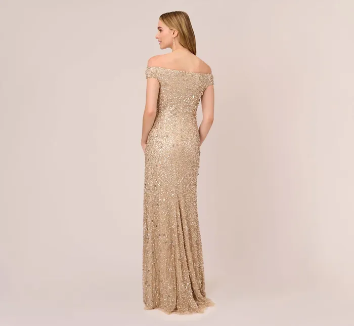 Adrianna Papell Off The Shoulder Sequin Beaded Gown In Champagne Champagne Women Long Dresses Adrianna Papell Off The Shoulder Sequin Beaded Gown In Champagne Champagne Women Long Dresses