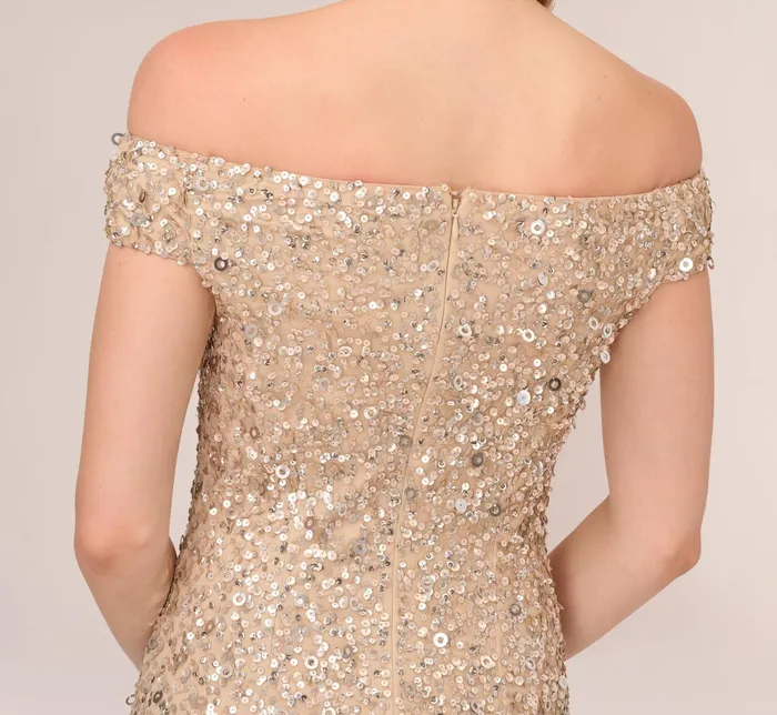Adrianna Papell Off The Shoulder Sequin Beaded Gown In Champagne Champagne Women Long Dresses Adrianna Papell Off The Shoulder Sequin Beaded Gown In Champagne Champagne Women Long Dresses