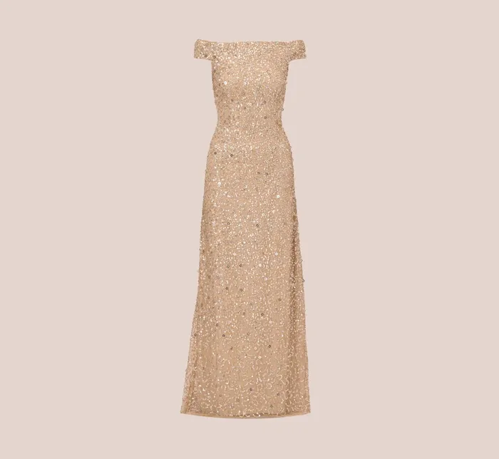 Adrianna Papell Off The Shoulder Sequin Beaded Gown In Champagne Champagne Women Long Dresses Adrianna Papell Off The Shoulder Sequin Beaded Gown In Champagne Champagne Women Long Dresses