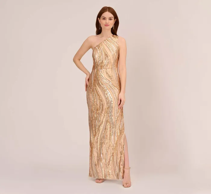 Adrianna Papell One Shoulder Abstract Sequin Gown In Champagne Gold Multi ChampagneGold Multi Women Long Dresses Adrianna Papell One Shoulder Abstract Sequin Gown In Champagne Gold Multi ChampagneGold Multi Women Long Dresses