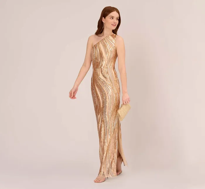 Adrianna Papell One Shoulder Abstract Sequin Gown In Champagne Gold Multi ChampagneGold Multi Women Long Dresses Adrianna Papell One Shoulder Abstract Sequin Gown In Champagne Gold Multi ChampagneGold Multi Women Long Dresses