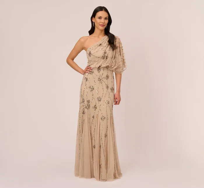 Adrianna Papell One Shoulder Beaded Gown In Nude Nude Women Long Dresses