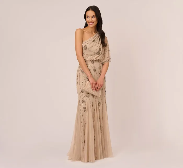 Adrianna Papell One Shoulder Beaded Gown In Nude Nude Women Long Dresses Adrianna Papell One Shoulder Beaded Gown In Nude Nude Women Long Dresses