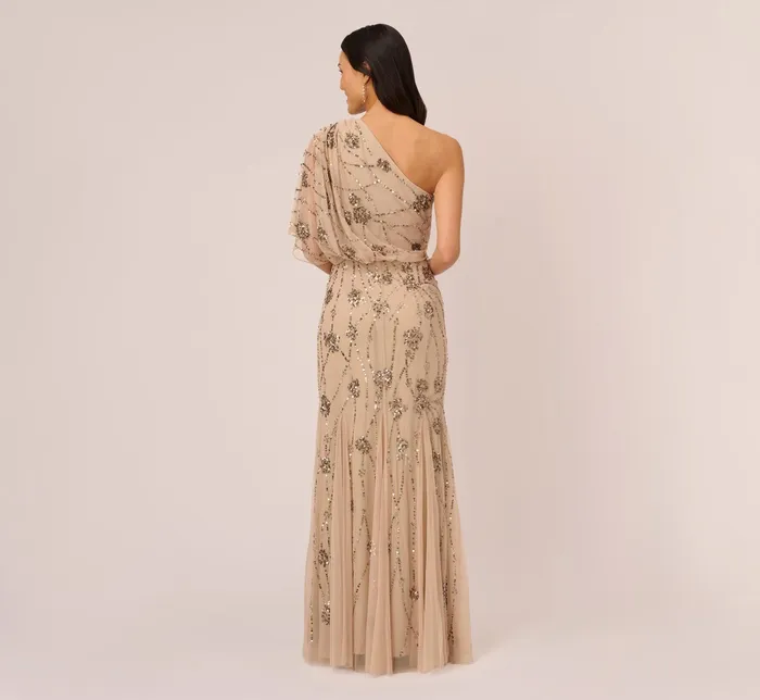 Adrianna Papell One Shoulder Beaded Gown In Nude Nude Women Long Dresses Adrianna Papell One Shoulder Beaded Gown In Nude Nude Women Long Dresses
