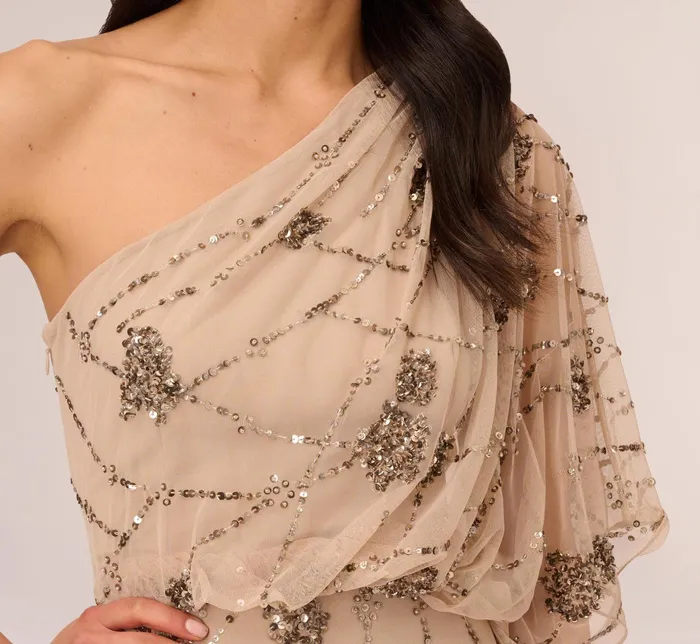 Adrianna Papell One Shoulder Beaded Gown In Nude Nude Women Long Dresses Adrianna Papell One Shoulder Beaded Gown In Nude Nude Women Long Dresses