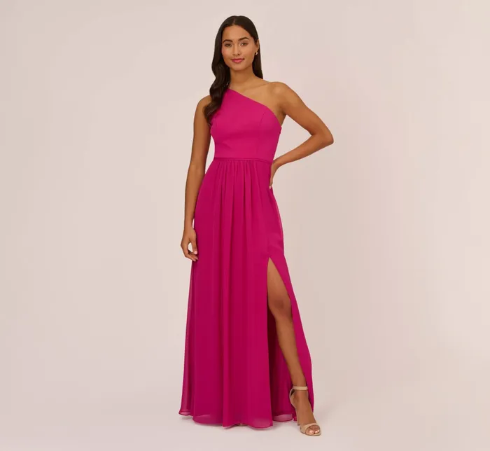 Adrianna Papell OneShoulder Chiffon Long Gown In Bright Magenta Bright Magenta Women Long Dresses Adrianna Papell OneShoulder Chiffon Long Gown In Bright Magenta Bright Magenta Women Long Dresses