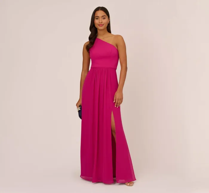 Adrianna Papell OneShoulder Chiffon Long Gown In Bright Magenta Bright Magenta Women Long Dresses Adrianna Papell OneShoulder Chiffon Long Gown In Bright Magenta Bright Magenta Women Long Dresses