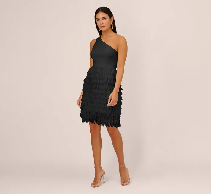 Adrianna Papell One Shoulder Cocktail Dress With Feather Chiffon Skirt In Black Black Women Cocktail Dresses