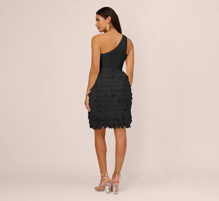 Adrianna Papell One Shoulder Cocktail Dress With Feather Chiffon Skirt In Black Black Women Cocktail Dresses