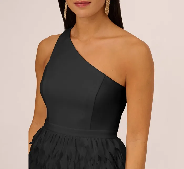 Adrianna Papell One Shoulder Cocktail Dress With Feather Chiffon Skirt In Black Black Women Cocktail Dresses