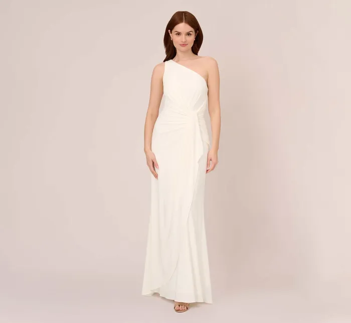 Adrianna Papell One Shoulder Dress With Draped Waist Detail In Ivory Ivory Women Simple Wedding Dresses