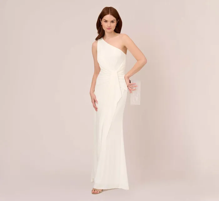 Adrianna Papell One Shoulder Dress With Draped Waist Detail In Ivory Ivory Women Simple Wedding Dresses Adrianna Papell One Shoulder Dress With Draped Waist Detail In Ivory Ivory Women Simple Wedding Dresses