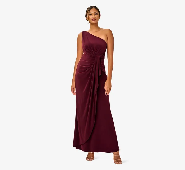 Adrianna Papell One Shoulder Dress With Draped Waist Detail In Red Wine Red Wine Women Long Dresses Adrianna Papell One Shoulder Dress With Draped Waist Detail In Red Wine Red Wine Women Long Dresses