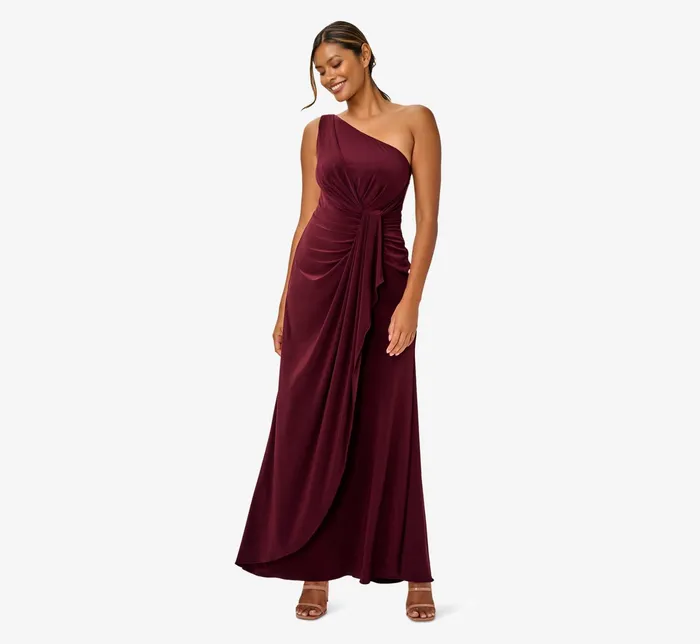 Adrianna Papell One Shoulder Dress With Draped Waist Detail In Red Wine Red Wine Women Long Dresses Adrianna Papell One Shoulder Dress With Draped Waist Detail In Red Wine Red Wine Women Long Dresses