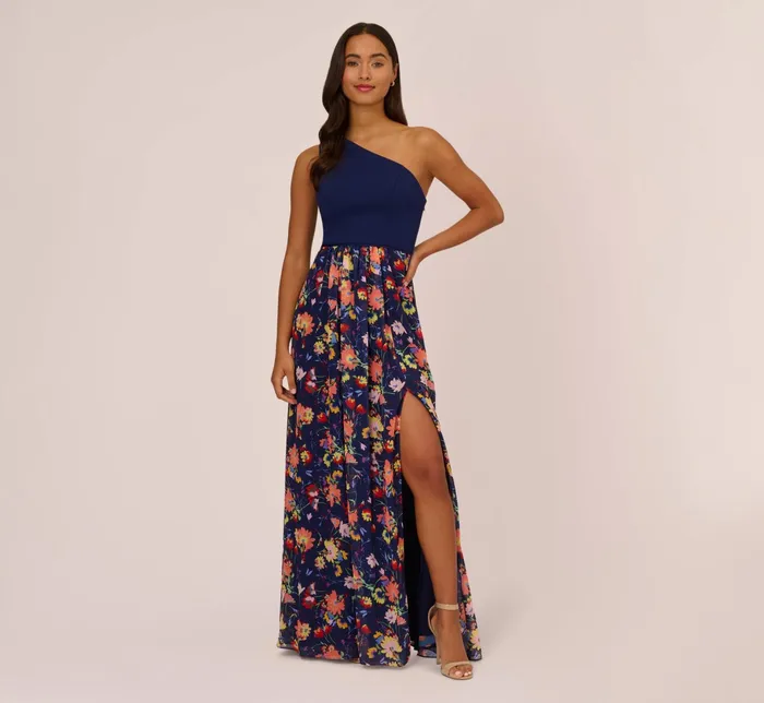 Adrianna Papell One Shoulder Dress With Multicolor Floral Chiffon Skirt In Navy Multi Navy Multi Women Floral Dresses Adrianna Papell One Shoulder Dress With Multicolor Floral Chiffon Skirt In Navy Multi Navy Multi Women Floral Dresses