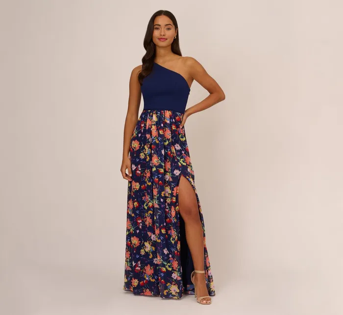 Adrianna Papell One Shoulder Dress With Multicolor Floral Chiffon Skirt In Navy Multi Navy Multi Women Floral Dresses Adrianna Papell One Shoulder Dress With Multicolor Floral Chiffon Skirt In Navy Multi Navy Multi Women Floral Dresses