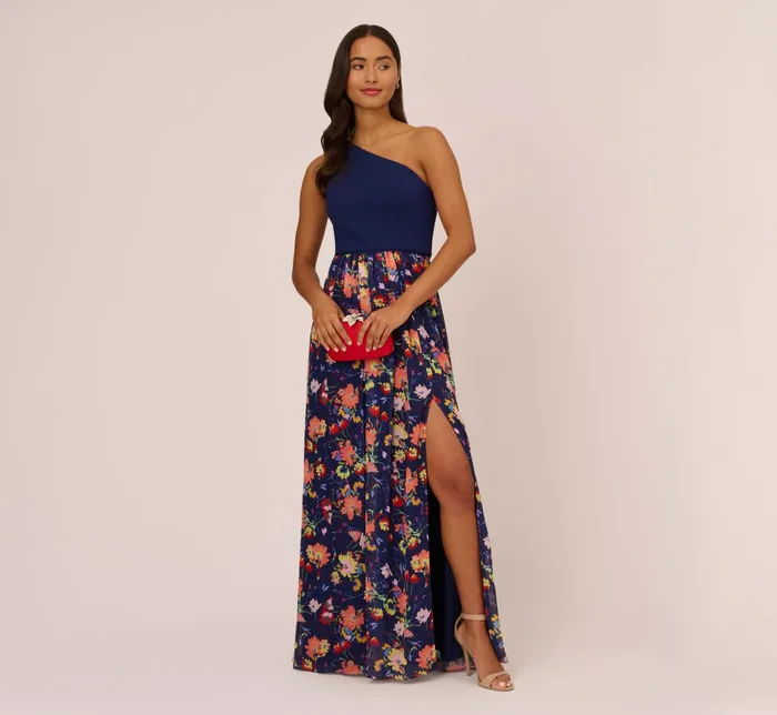Adrianna Papell One Shoulder Dress With Multicolor Floral Chiffon Skirt In Navy Multi Navy Multi Women Floral Dresses Adrianna Papell One Shoulder Dress With Multicolor Floral Chiffon Skirt In Navy Multi Navy Multi Women Floral Dresses