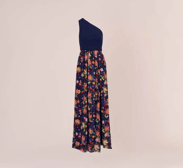 Adrianna Papell One Shoulder Dress With Multicolor Floral Chiffon Skirt In Navy Multi Navy Multi Women Floral Dresses Adrianna Papell One Shoulder Dress With Multicolor Floral Chiffon Skirt In Navy Multi Navy Multi Women Floral Dresses