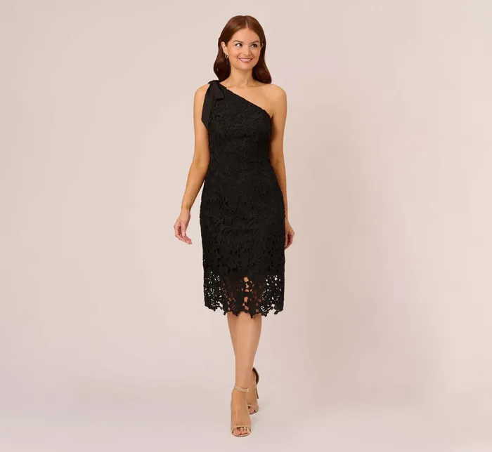 Adrianna Papell One Shoulder Lace Sheath Dress With Bow Accent In Black Black Women Midi Dresses Adrianna Papell One Shoulder Lace Sheath Dress With Bow Accent In Black Black Women Midi Dresses