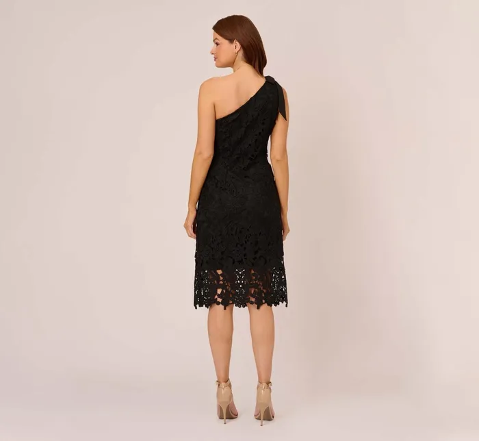 Adrianna Papell One Shoulder Lace Sheath Dress With Bow Accent In Black Black Women Midi Dresses Adrianna Papell One Shoulder Lace Sheath Dress With Bow Accent In Black Black Women Midi Dresses