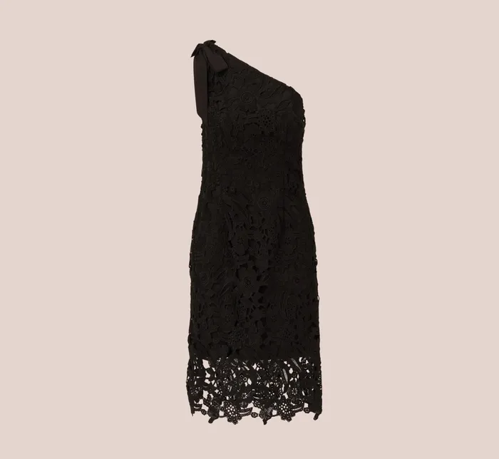 Adrianna Papell One Shoulder Lace Sheath Dress With Bow Accent In Black Black Women Midi Dresses Adrianna Papell One Shoulder Lace Sheath Dress With Bow Accent In Black Black Women Midi Dresses