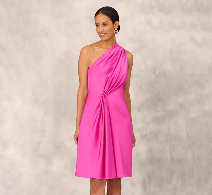 Adrianna Papell One Shoulder Midi Dress With Pleated Details In Magenta Magenta Women Midi Dresses Adrianna Papell One Shoulder Midi Dress With Pleated Details In Magenta Magenta Women Midi Dresses