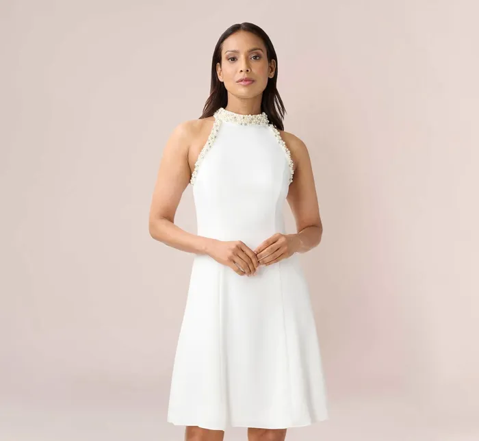 Adrianna Papell PearlTrim Satin Crepe FitAndFlare Halter Short Cocktail Dress In Ivory Ivory Women Short Wedding Dresses Adrianna Papell PearlTrim Satin Crepe FitAndFlare Halter Short Cocktail Dress In Ivory Ivory Women Short Wedding Dresses