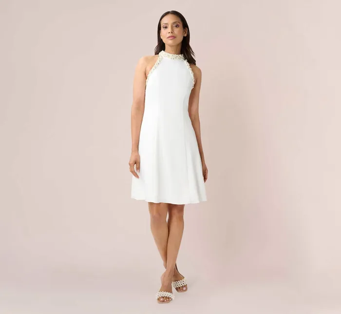 Adrianna Papell PearlTrim Satin Crepe FitAndFlare Halter Short Cocktail Dress In Ivory Ivory Women Short Wedding Dresses Adrianna Papell PearlTrim Satin Crepe FitAndFlare Halter Short Cocktail Dress In Ivory Ivory Women Short Wedding Dresses