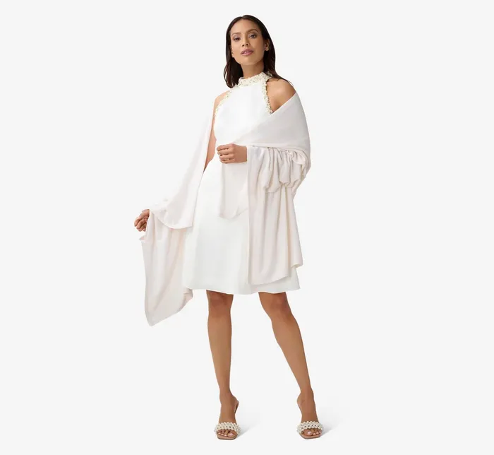Adrianna Papell PearlTrim Satin Crepe FitAndFlare Halter Short Cocktail Dress In Ivory Ivory Women Short Wedding Dresses Adrianna Papell PearlTrim Satin Crepe FitAndFlare Halter Short Cocktail Dress In Ivory Ivory Women Short Wedding Dresses