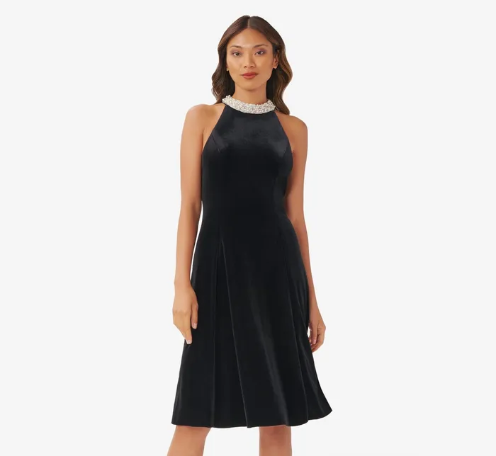 Adrianna Papell Pearl Trim Velvet FitAndFlare MidiLength Dress In Black Black Women Cocktail Dresses Adrianna Papell Pearl Trim Velvet FitAndFlare MidiLength Dress In Black Black Women Cocktail Dresses