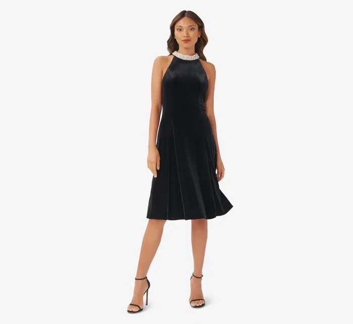 Adrianna Papell Pearl Trim Velvet FitAndFlare MidiLength Dress In Black Black Women Cocktail Dresses Adrianna Papell Pearl Trim Velvet FitAndFlare MidiLength Dress In Black Black Women Cocktail Dresses