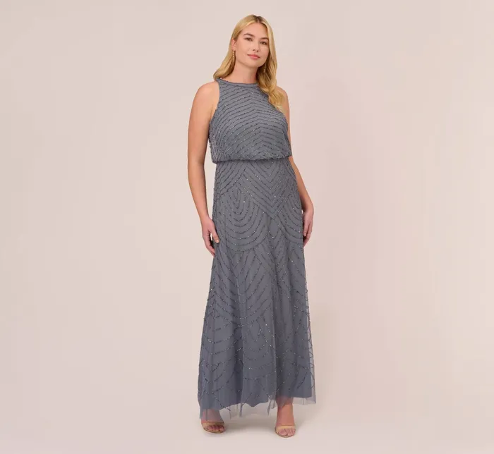 Adrianna Papell Plus Size Art Deco Beaded Blouson Dress With Halter Neckline In Dusty Blue Dusty Blue Women Formal Dresses Adrianna Papell Plus Size Art Deco Beaded Blouson Dress With Halter Neckline In Dusty Blue Dusty Blue Women Formal Dresses