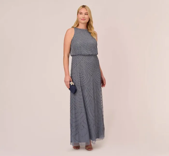 Adrianna Papell Plus Size Art Deco Beaded Blouson Dress With Halter Neckline In Dusty Blue Dusty Blue Women Formal Dresses Adrianna Papell Plus Size Art Deco Beaded Blouson Dress With Halter Neckline In Dusty Blue Dusty Blue Women Formal Dresses