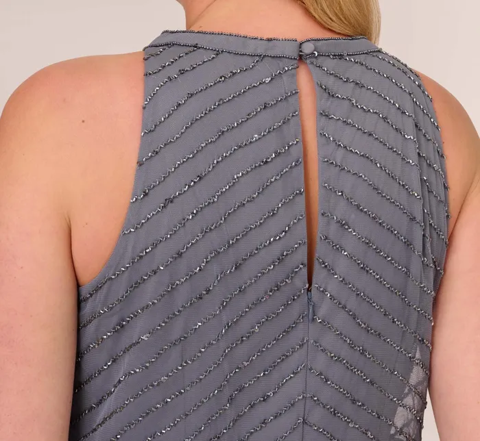 Adrianna Papell Plus Size Art Deco Beaded Blouson Dress With Halter Neckline In Dusty Blue Dusty Blue Women Formal Dresses Adrianna Papell Plus Size Art Deco Beaded Blouson Dress With Halter Neckline In Dusty Blue Dusty Blue Women Formal Dresses