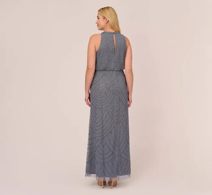 Adrianna Papell Plus Size Art Deco Beaded Blouson Dress With Halter Neckline In Dusty Blue Dusty Blue Women Formal Dresses Adrianna Papell Plus Size Art Deco Beaded Blouson Dress With Halter Neckline In Dusty Blue Dusty Blue Women Formal Dresses